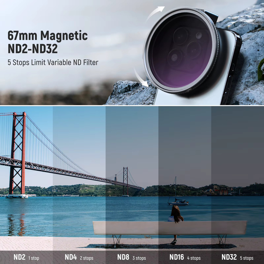 NEEWER Clip On 67 mm ND2-32 Magnetisches Telefonobjektiv-Filter-Set mit Magnetischem Adapterring in Schwarz für iPhone 15 Pro Max und Galaxy S22 - Bild 4