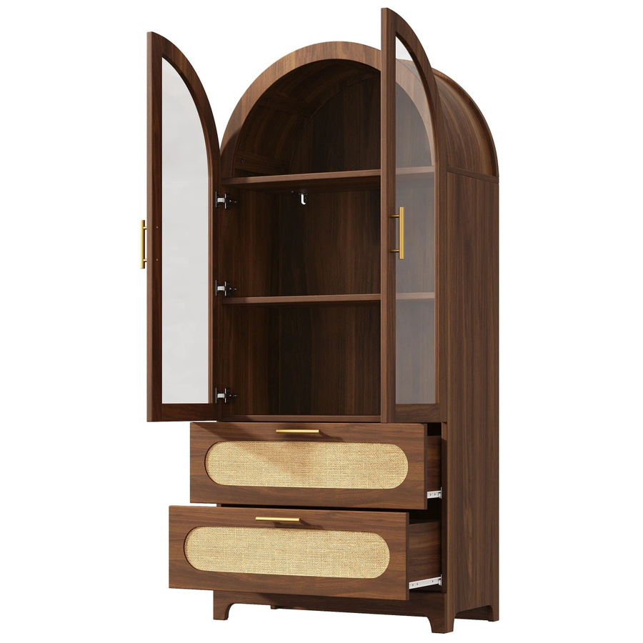 okwish Vitrine Montmartre 2er Set mit Glastüren und Rattan-Design in Braun, H x B x T: 175 x 80 x 40 cm - Bild 2