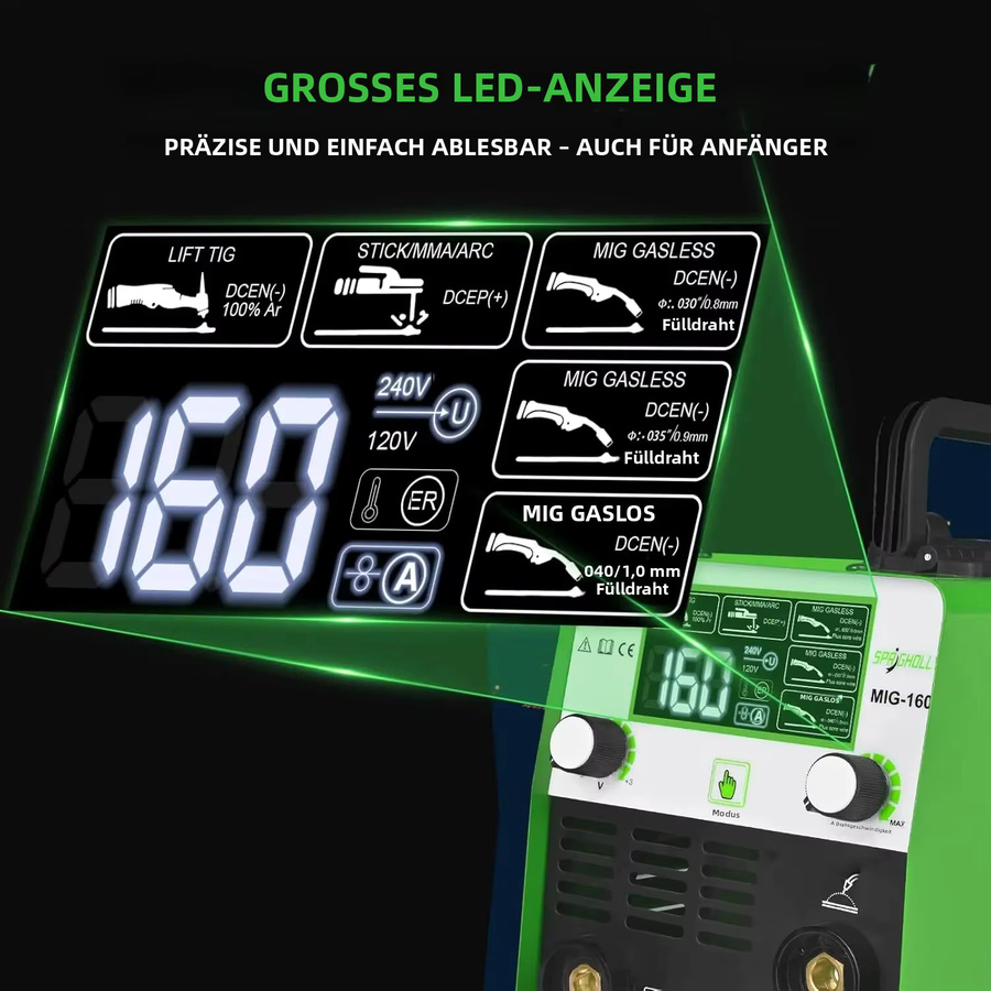 SPRIGHOLLY 3-in-1 Multiprozess MIG-Schweißgerät 160 Ampere, 230V, Gaslos MIG, Lift-TIG und Elektrodenschweißen mit LED-Anzeige, Upgrade Spr-Mig160 - Bild 3