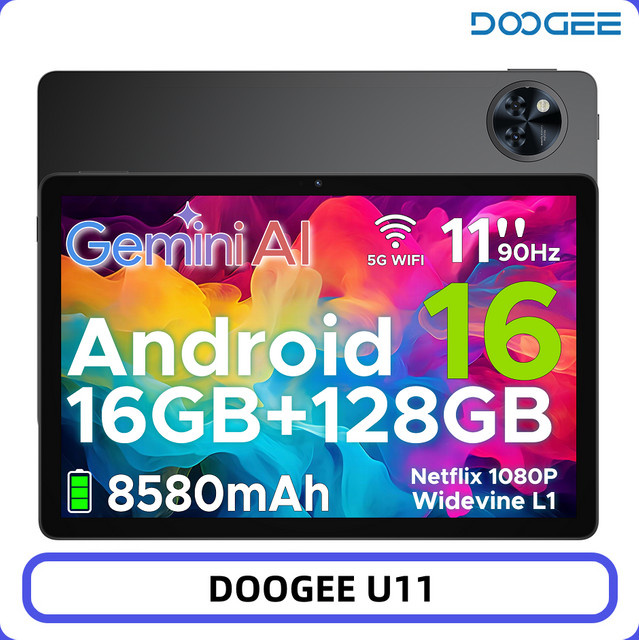 DOOGEE U11 Tablet Schwarz mit 11 Zoll Ultrahelder 90Hz Display, 16GB RAM, 128GB Speicher, 8580mAh Akku, Unisoc T720, Dual Lautsprecher, Widevine L1, Android 16 - Bild 1