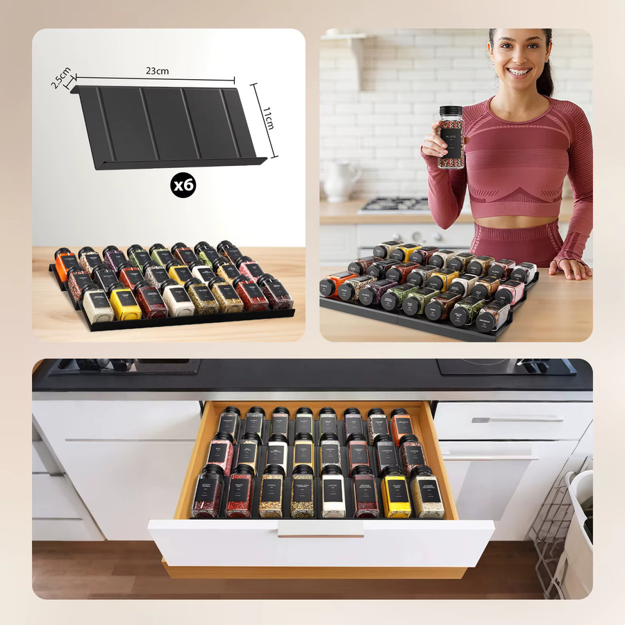 Jugacool 24-teiliges Gewürzgläser-Set aus Glas mit Etiketten und Schubladenorganizer, transparent/schwarz, 120 ml pro Glas - Bild 5