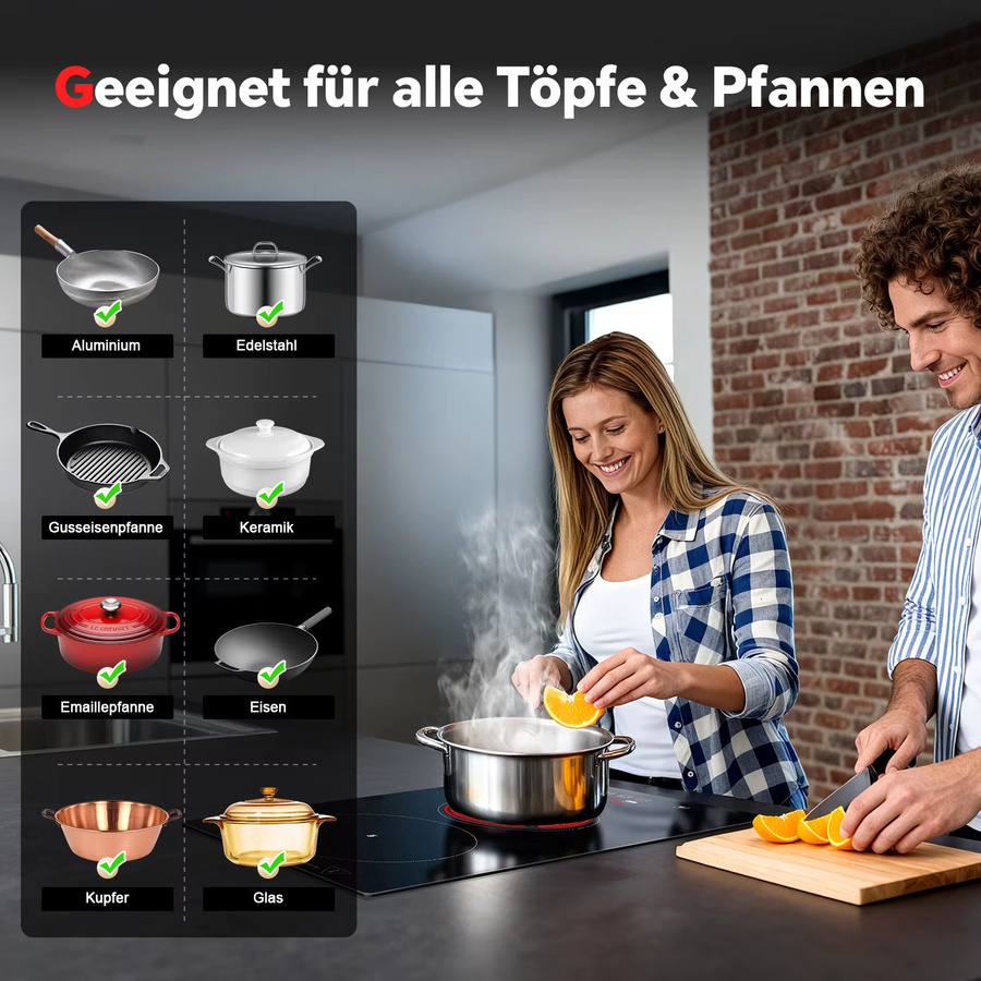 KICHPOWER Keramikkochfeld in Schwarz mit 2 Zonen, 3000W, Touch-Steuerung, 9 Leistungsstufen, Timer und Kindersicherung, Breite: 30 cm - Bild 5