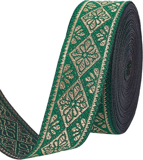 Vintage-Jacquardband in Grün mit geometrischer Stickerei und Fransen, 9 Yards, Breite: 2,5 cm - Bild 1