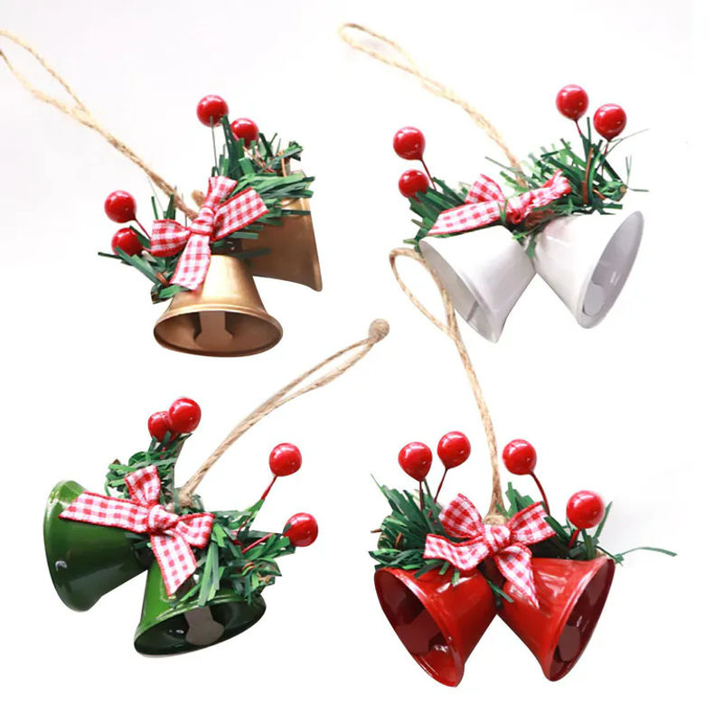 4er-Set OutsideWorld Weihnachts-Doppelglocken aus Metall als Hängeornament für den Weihnachtsbaum, mehrfarbig und klassisch im karierten Design - Bild 3