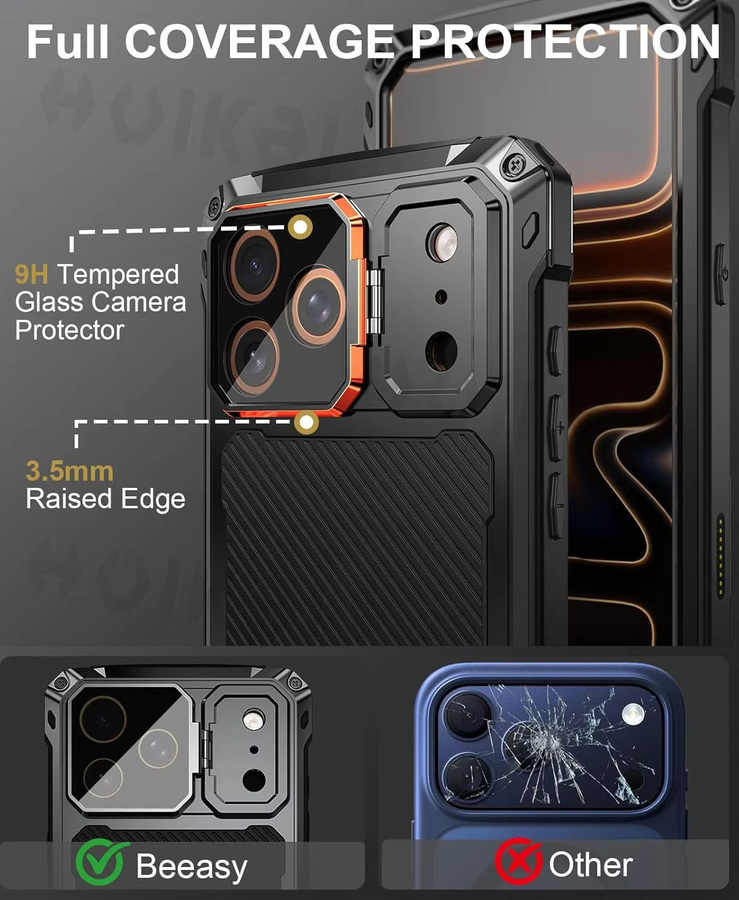 Huikai Stoßfeste iPhone 17 Pro Max Hülle in Schwarz mit Bildschirm- und Kameralinsenschutz sowie Aluminium-Ständer - Bild 2