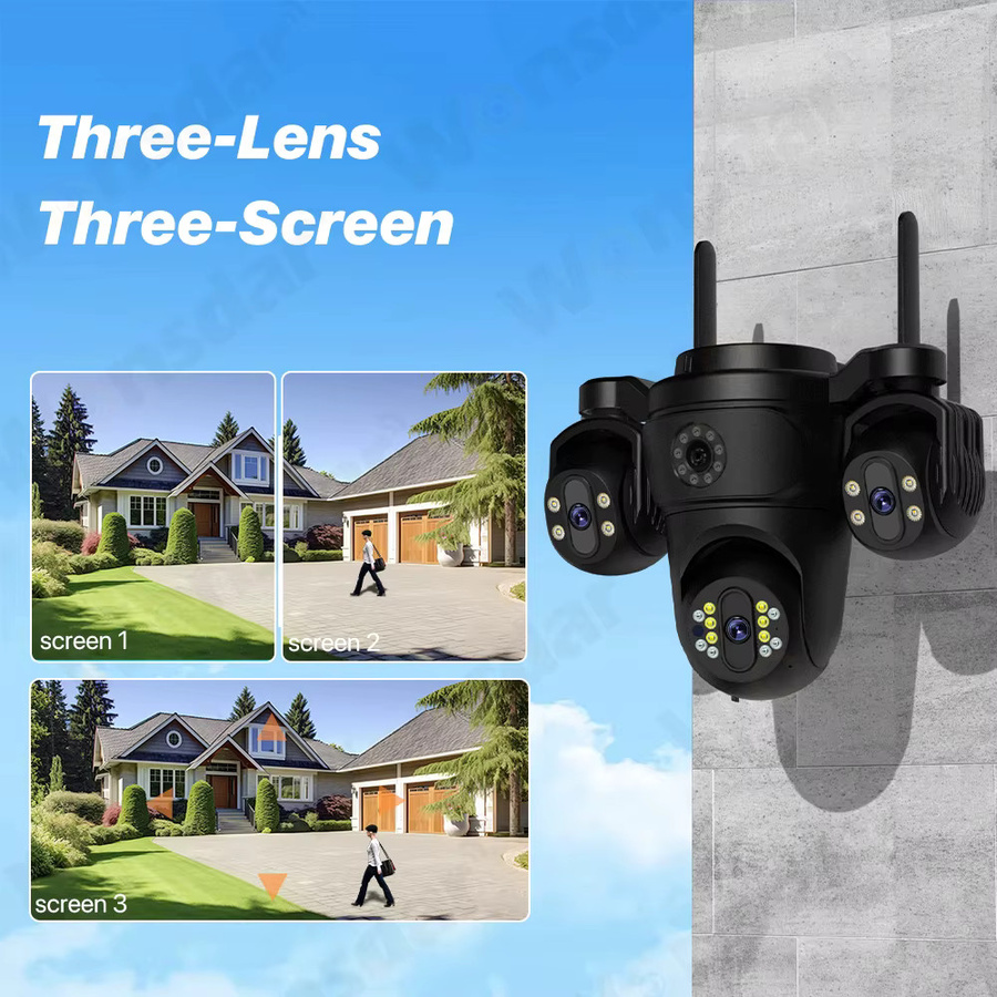 WONSDAR WLAN-IP-Kamera für Außenbereich mit drei Objektiven und drei Bildschirmen, HD-KI-Menschenerkennung, Sicherheits-Videomonitor CCTV in Schwarz - Bild 2
