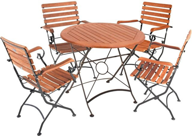 DELUKE Garten-Sitzgruppe SIRI 5-tlg. aus Eukalyptus und Stahl, Hellbraun, runder Tisch und Armlehnen-Stühle - Bild 1