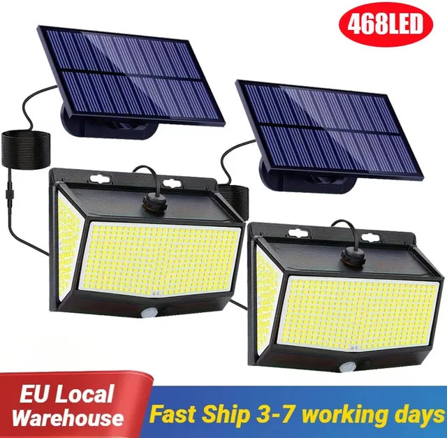Solar-Wandleuchte für den Außenbereich mit 468 LEDs, IP65 wasserdicht, Bewegungssensor und separatem Solarpanel, Schwarz/Weiß - Bild 1
