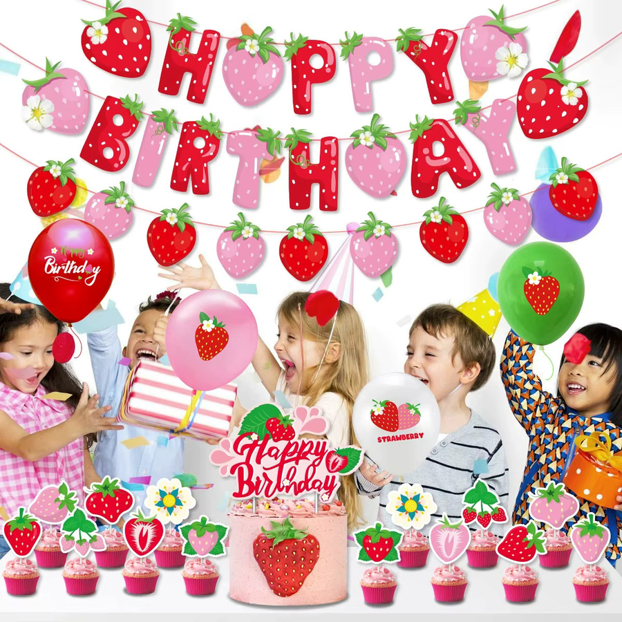 LQDIANTANG Alles Gute zum Geburtstag Papier Banner mit Erdbeere Motiv in Multicolor für Kindergeburtstage - Bild 2