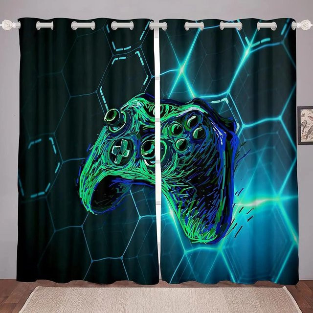 Yiran Furniture Gaming Vorhänge für das Kinderzimmer und Teenager Schlafzimmer, Blau, 2er-Set, B: 50 cm, H: 160 cm, halbtransparent mit Ösen - Bild 1
