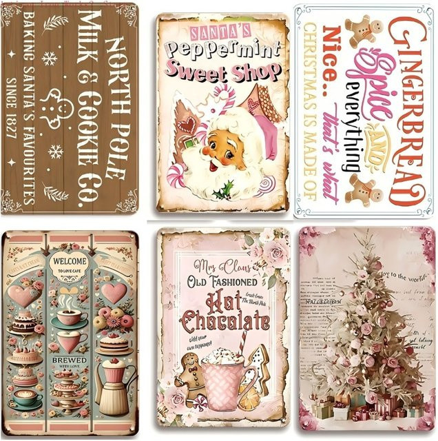 6-teiliges Vintage-Weihnachts-Blechschilder-Set von Potdemiel aus Metall in Mehrfarben mit festlichen Zitaten und floralen Motiven für deine rustikale Wanddekoration - Bild 1