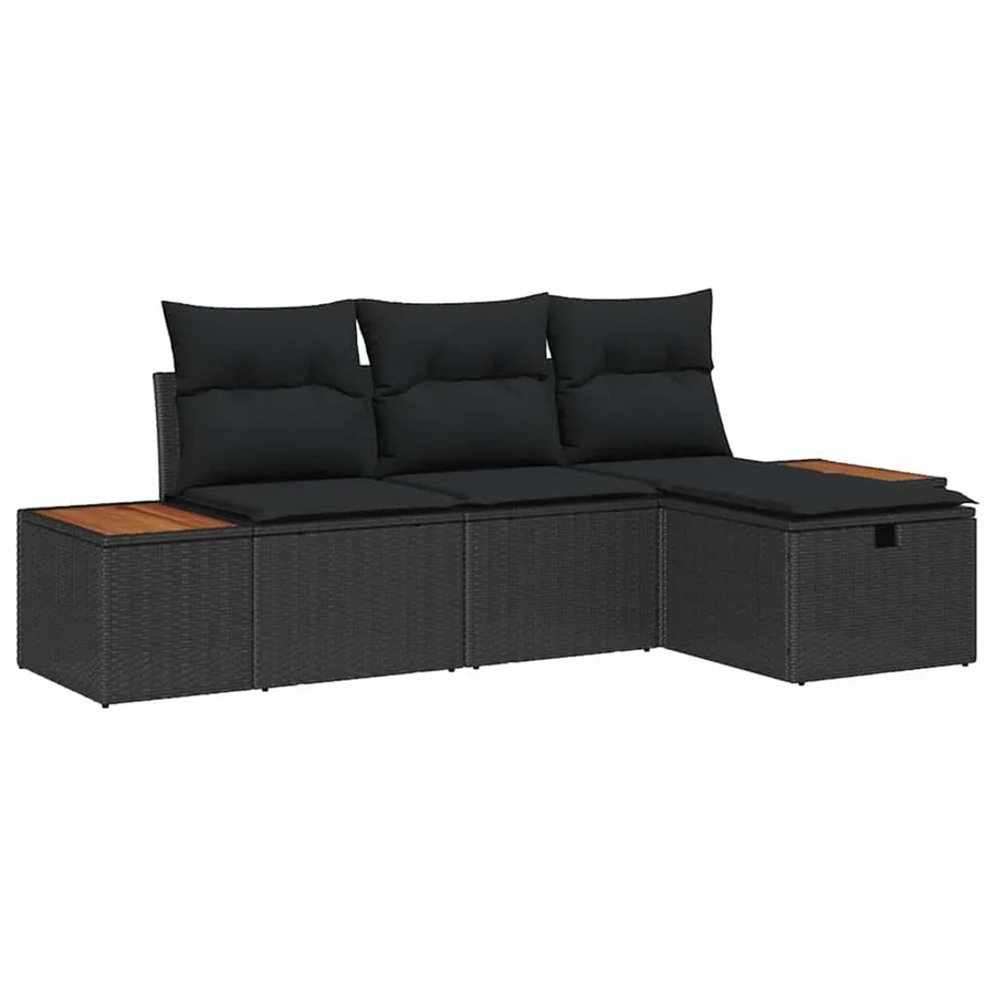 vidaXL Garten-Sofa-Set 4-teilig aus Poly-Rattan in Schwarz mit Kissen und Fußhockern - Bild 2