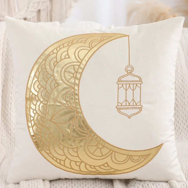 VIKAMA Ramadan Kissenbezug mit Goldstern- und Halbmond-Design in Weiß und Gold, quadratisch, Breite: 45 cm x Tiefe: 45 cm x Höhe: 45 cm - Bild 1