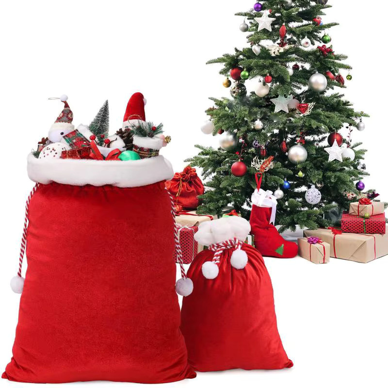 Rote Santa Claus Geschenkbeutel aus Samt mit Kordelzug für Weihnachten und Neujahr - Bild 2