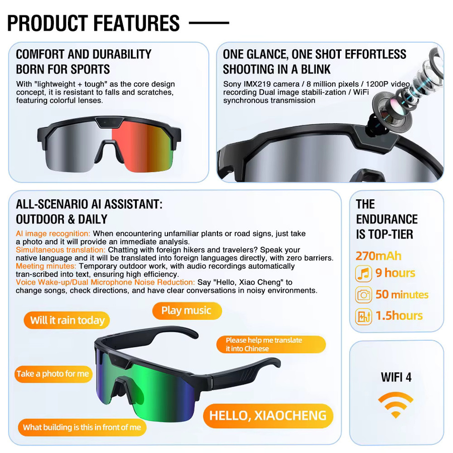 Zeblaze Smart-Brille für Herren mit 1280P Pixel-Kamera, KI-Fotoerkennung, Bluetooth-Anrufen und Sprachübersetzung, Farben: Schwarz und Orange - Bild 4