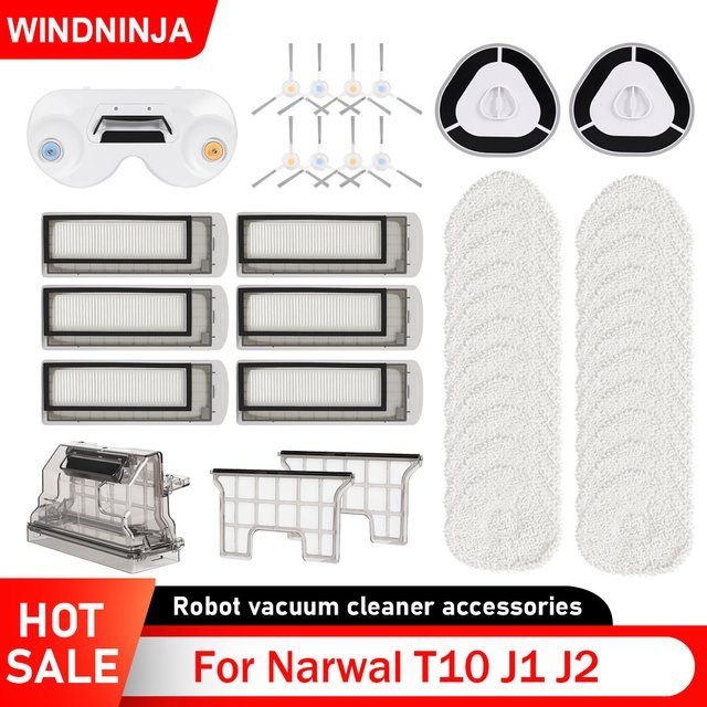 WINDNINJA Ersatzteil-Set für Narwal T10 J1 J2 Saugroboter mit Mopptuch, Bracket, Primärfilter, Seitenbürste und Staubbox in Weiß - Bild 1