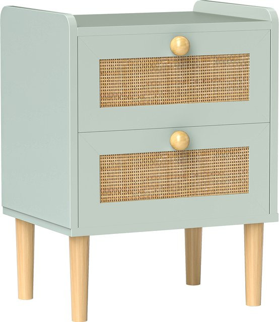 HOMCOM Nachttisch im Boho-Stil mit 2 Schubladen und Rattan-Effekt, Grün, B/T/H: 39,8 x 30 x 52,5 cm - Bild 1