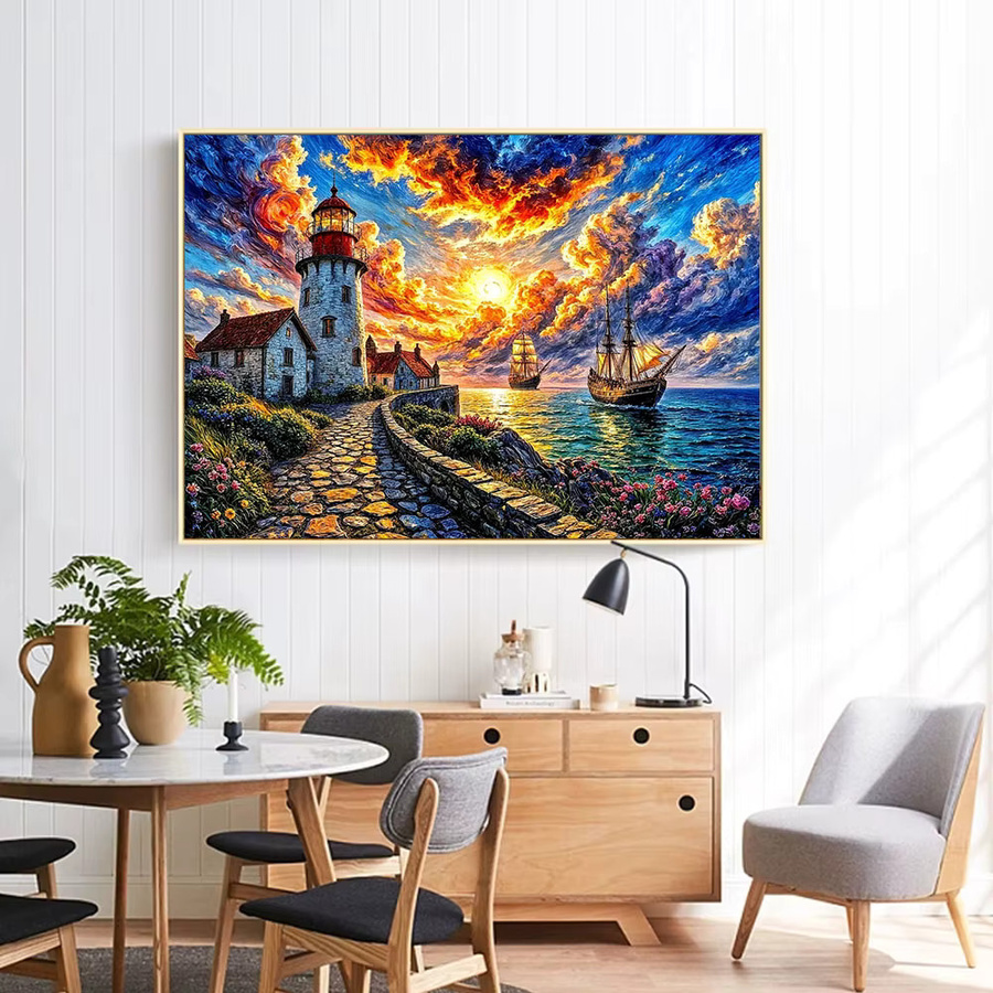 Huacan Diamantmalerei Sonnenuntergang am Meer mit Haus als Dekorative Landschaft mit Diamantmosaik, Mehrfarbig, B/H: 30 x 20 cm - Bild 3