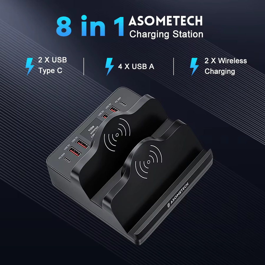 ASOMETECH 110 W USB Ladestation mit 6 Ports, Dual Schnelles Drahtloses Laden, USB-C, QC3.0 und PD3.0 Schnellladegerät für iPhone, Xiaomi, Samsung und Laptop, Schwarz - Bild 2