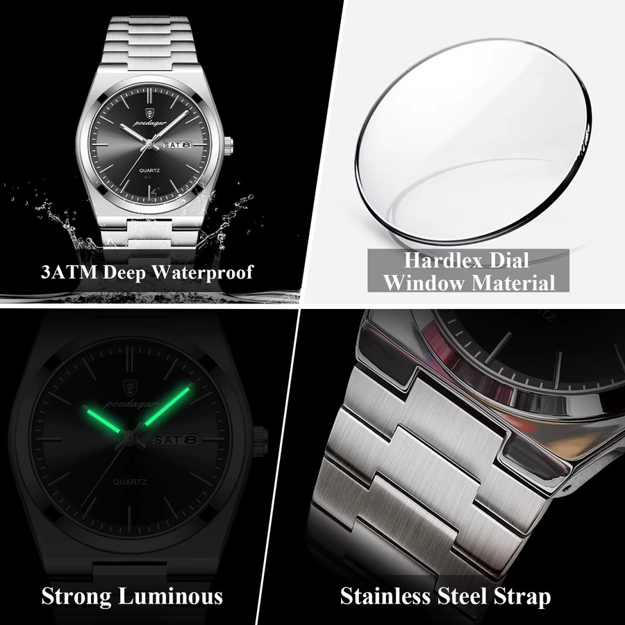 POEDAGAR Armbanduhr Quarz, Edelstahl, Schwarz, Silber, Herren - Bild 4