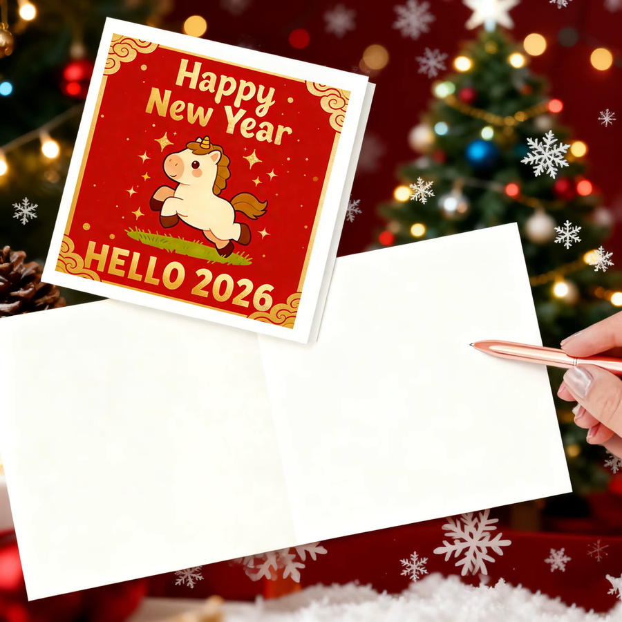 Quadratische Neujahrsgrußkarte für 2026 inklusive Umschlag in Braun und Rot aus Papier für Enkel und Verwandte - Bild 3