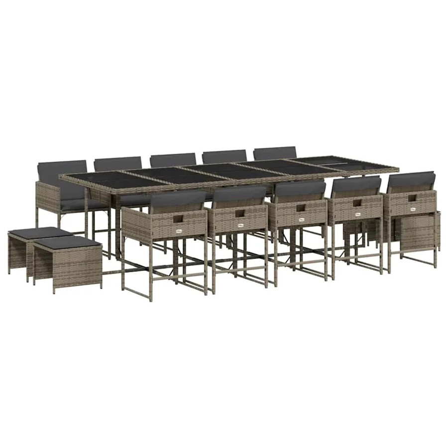 vidaXL 15-teilige Garten-Essgruppe aus Poly-Rattan in Grau mit Kissen und Hartglas-Tischplatte - Bild 2