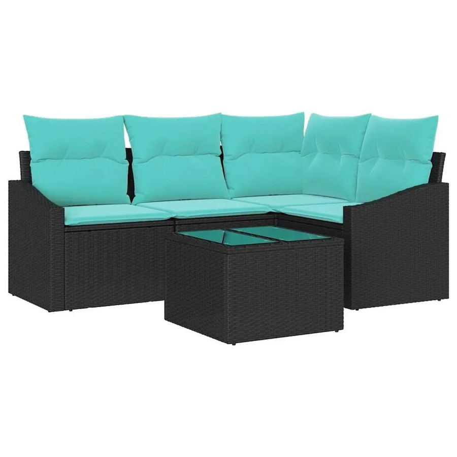 vidaXL Sofa Set aus Poly-Rattan in Schwarz, 5-teiliges L-Shape Lounge Set mit Kissen und Tisch - Bild 1