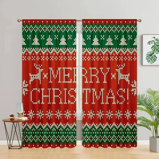 Yiran Furniture Weihnachtskitz Vorhänge in Rot und Grün, hochverdunkelnde Fenstervorhänge mit Grafikdruck, 2 Paneele, B: 55 cm, H: 120 cm - Bild 1