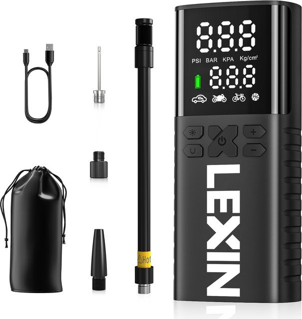 Lexin P4 Intelligente Luftpumpe in Schwarz mit 4000 mAh Akku, digitalem LED-Display und voreingestelltem Druck für Motorräder, Fahrräder und Boote - Bild 1