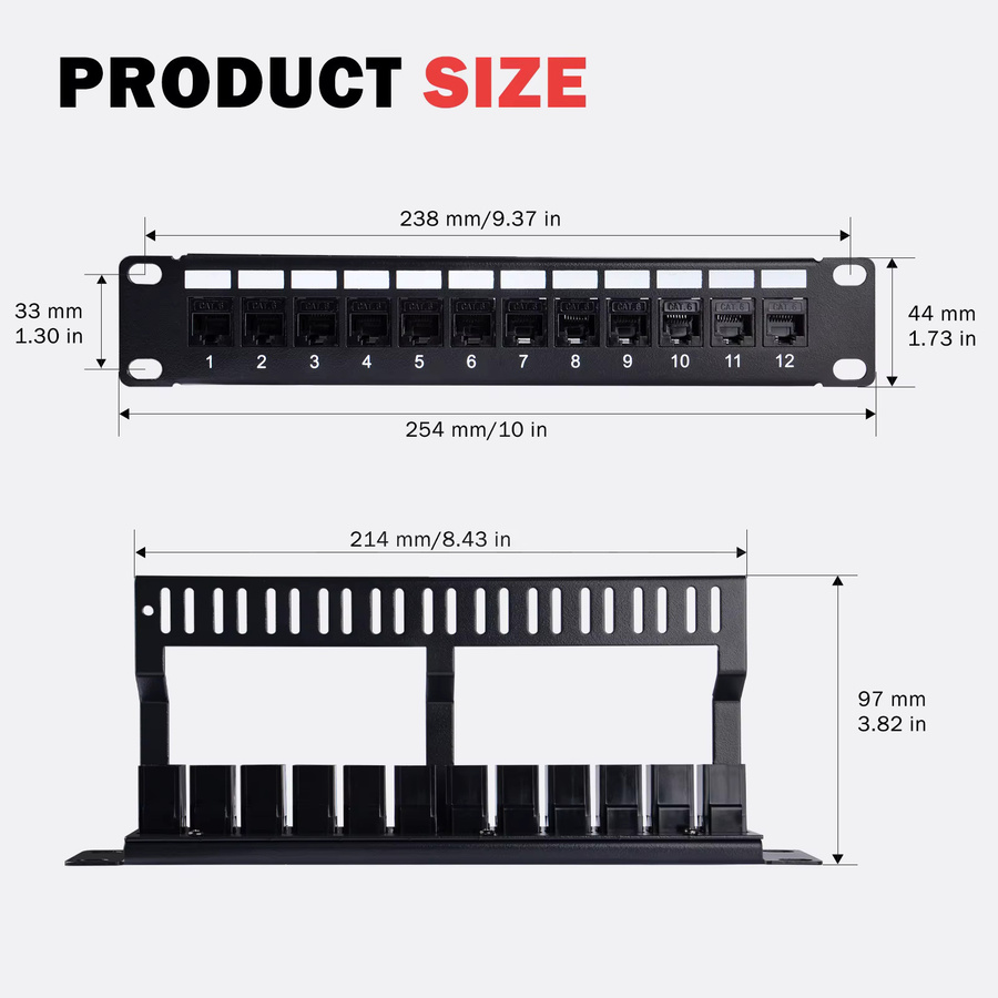 DeskPi Rackmate 12-Port CAT6 Keystone Patchpanel, 10 Zoll 1U Netzwerk-Patchpanel mit Kabelmanagement, Schwarz - Bild 5