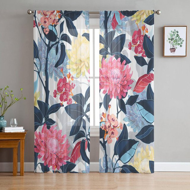 Transparente Tüll-Vorhänge mit Chrysanthemen-Blumenmuster in Schwarz, Organza-Fenstergardinen für Wohnzimmer und Küche, Breite: 135 cm, Höhe: 115 cm - Bild 1