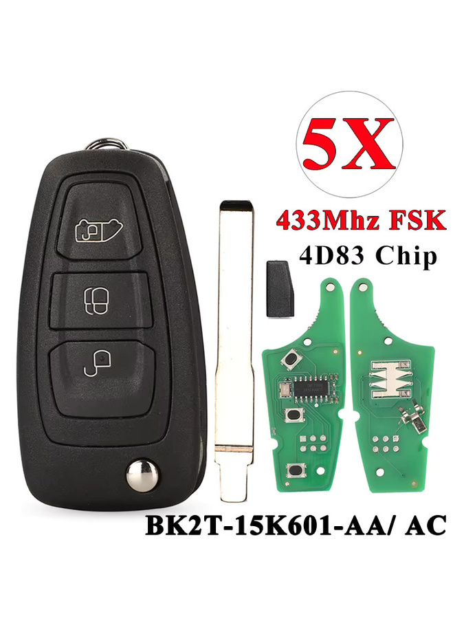 Jingyuqin 5er Set 3BTN Flip-Remote-Schlüsselanhänger 433 MHz FSK 4D83 in Schwarz für Ford Transit Custom MK8, Tourneo Custom, Focus MK3 und Ranger ab 2013 - Bild 5