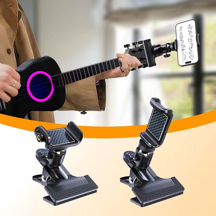 LRBH Multifunktionale Gitarren-Telefonhalterung mit 360 Grad drehbarem Sicherheitsverschluss-Clip in Schwarz für Gitarre, Ukulele und Notenständer - Bild 4