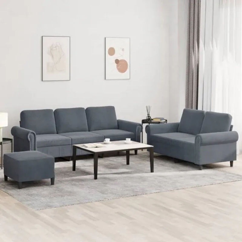 Vidaxl 3-tlg. Sofagarnitur mit Kissen in Anthrazit und Grau aus Samt im klassischen Design - Bild 1