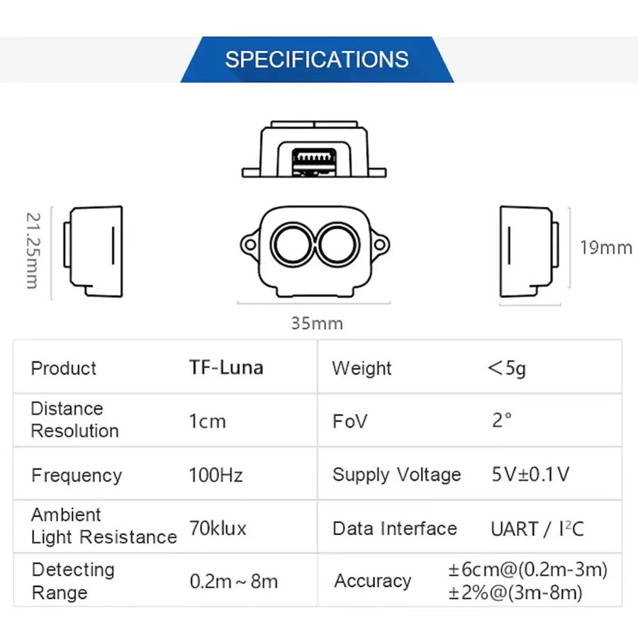 TF-Luna LiDAR Modul RCmall Entfernungsmesser Sensor in Schwarz mit UART und IIC Schnittstelle für Arduino und Pixhawk - Bild 3