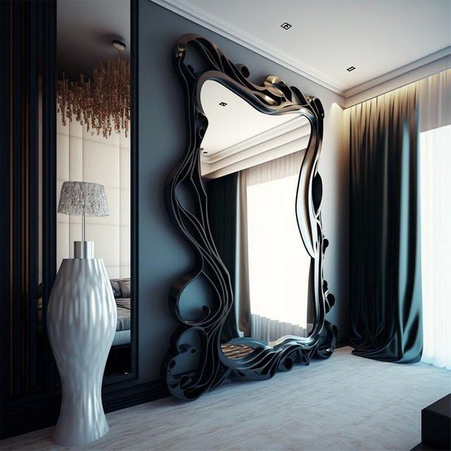 QWC Wellenförmiger Ganzkörperspiegel in Schwarz, unregelmäßiger Standspiegel im Nordic Design für Schlafzimmer und Wohnzimmer - Bild 1