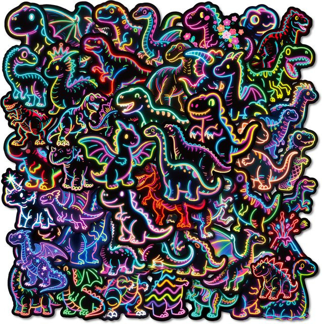 56 Stück Neon-Dinosaurier-Graffiti-Aufkleber im Dunkeln leuchtend, wasserfeste Aufkleber in Multicolour für Laptop, Skateboard und Tagebuch - Bild 1