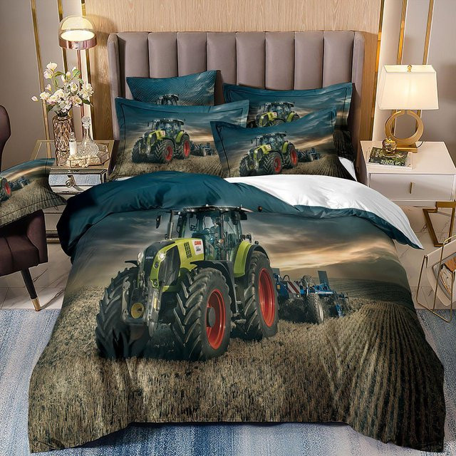 Traktor Cartoon 3D-Druck Bettwäsche-Set aus Mikrofaser in Blau mit Bettbezug und Kissenbezug für Kinder und Erwachsene, B/H: 100 x 135 cm - Bild 1