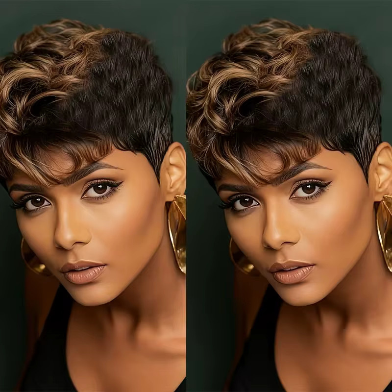 OYM HAIR Echthaar-Perücke Pixie-Cut, Kaffeebraun, lockig - Bild 2