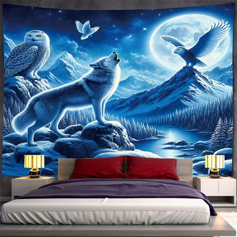 VIKAMA Snow Guardian Wandteppich mit Sternenmond-Motiv in Blau, Boho-Stil, Rechteckig, B/H: 60 x 40 cm - Bild 2