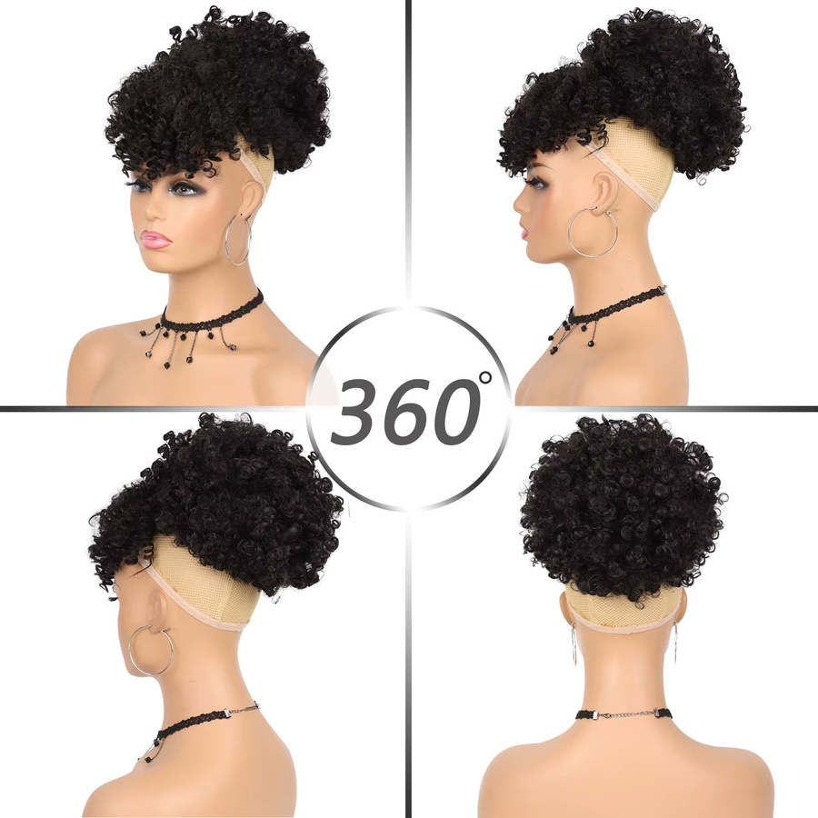 G&T Wig Synthetische Perücke, Pferdeschwanz-Erweiterungen, Afro-Haarknoten mit Pony, kurz, lockig - Bild 4