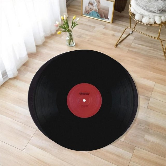 Runder Vinyl-Schallplatten-Teppich von Lodestar in Schwarz, Maschinenwaschbarer Retro-Teppich mit Musikdesign, Durchmesser: 120 cm - Bild 1