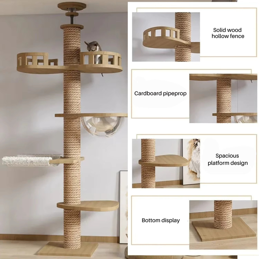 HGTUGO Verstellbarer Katzen-Kletterbaum in Beige und Gelb mit Plüsch-Hängematte und Kratzmöglichkeiten für Indoor-Haustiere - Bild 3