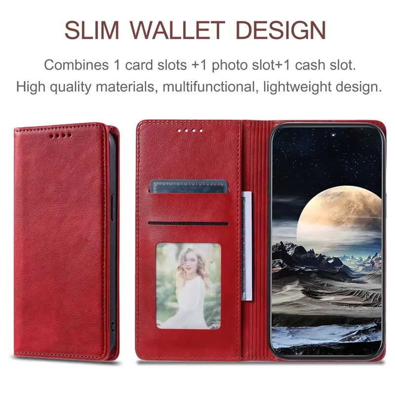 Magnetische Flip Ledertasche für Oppo A57s A78 A58 A57 A77 A74 A54 5G A53 A16 A15S A17 A96 A76 A36 A55 A52 A92 A8 in Schwarz oder Rot - Bild 4