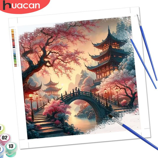 HUACAN Malen nach Zahlen Set Turm-Landschaft mit Kirschblüten auf Leinwand, Mehrfarbig - Bild 1