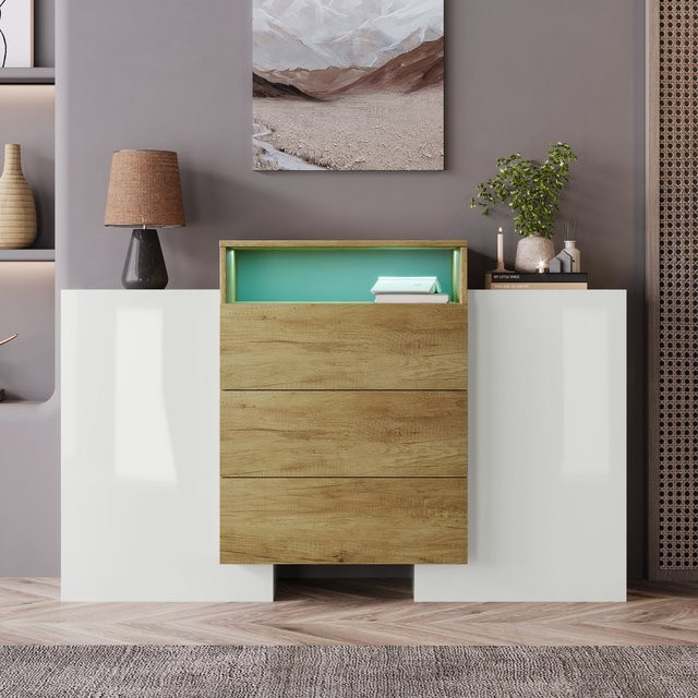 Modernes Sideboard von GL Store mit LED-Beleuchtung in Weiß und Holzoptik, B/T/H: 140 x 30 x 77,5 cm - Bild 1