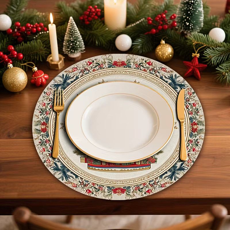 VIKAMA 4-teiliges Weihnachts-Tischset Set mit Blumenmuster, Weihnachtsbaum und Schleifen für deine Tischdekoration - Bild 2