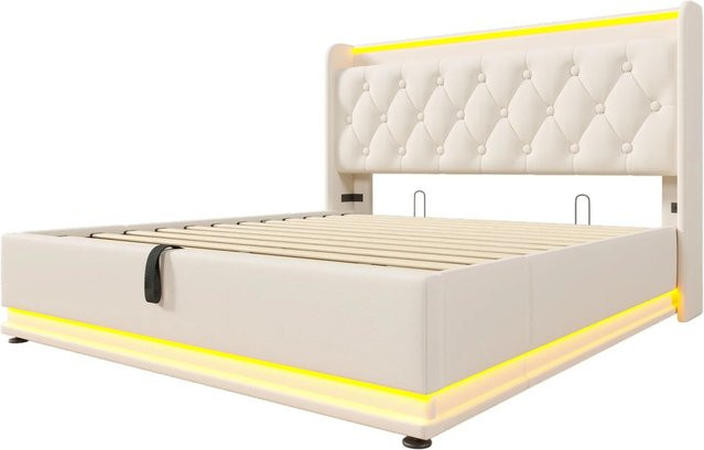 okwish Polsterbett mit LED-Unterbettbeleuchtung und USB-C Ladestation, Weiß, B: 140 cm, L: 200 cm, H: 104 cm - Bild 1