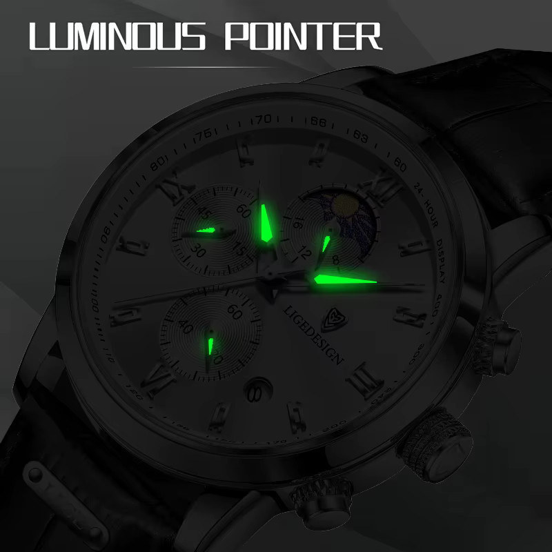 LIGE Armbanduhr Herren, Quarz, Chronograph, Leder, Schwarz, Roségold - Bild 6