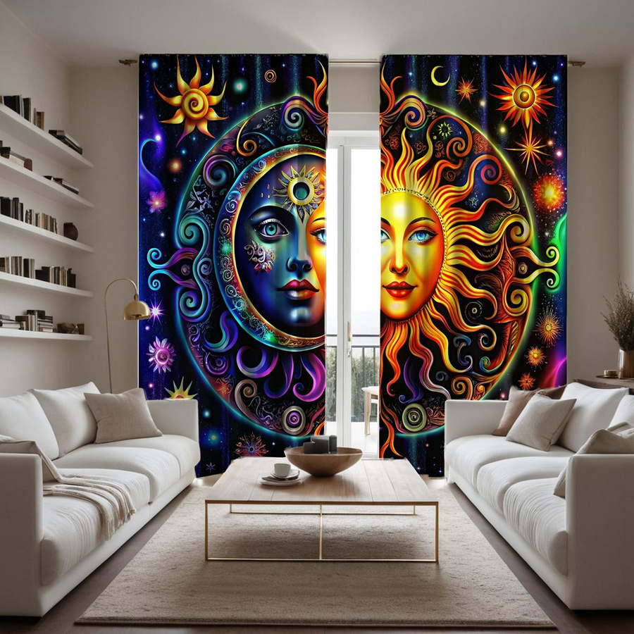 2er-Set Dekorative Vorhänge von Household supplies MH mit Sternenhimmel Sonne und Mond Motiv in Lila, Breite: 132 cm, Höhe: 160 cm - Bild 3